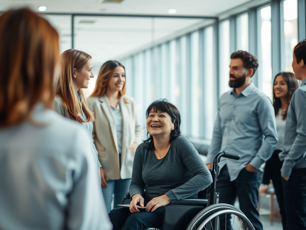 Eine Gruppe Mitarbeiter steht zusammen um eine gutgelaunte Kollegin im Rollstuhl bei einem Gespräch.