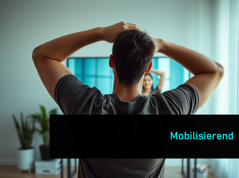 Ein Mann macht Dehnübungen vor einem Bildschirm.