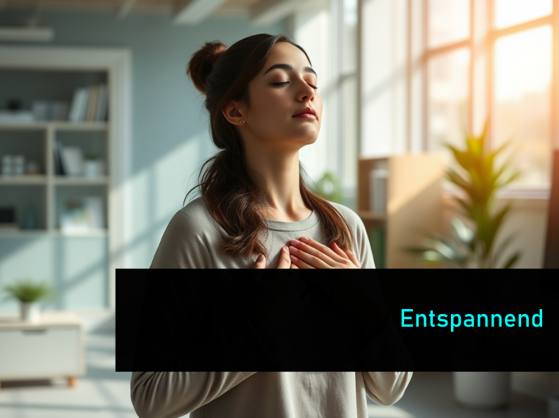 Eine entspannte Frau macht Atemübungen zur Entspannung mit geschlossenen Augen.