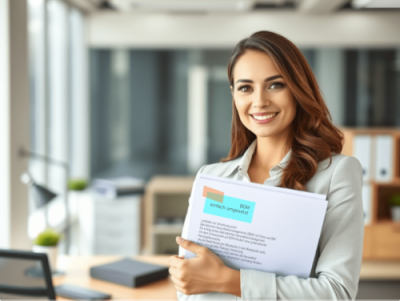 Eine freundliche Frau hält Unterlagen für betriebliche Gesundheitsförderung vor sich im Arm