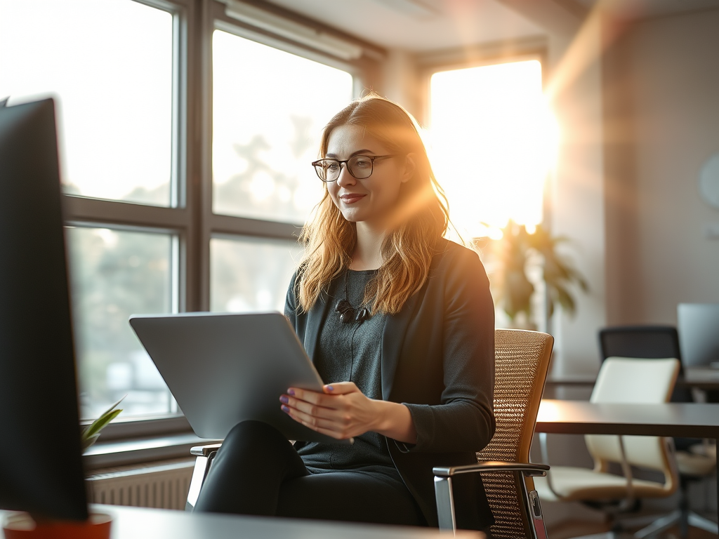 Eine freundliche Frau benutzt ihr Tablet in einem sonnigen Raum.