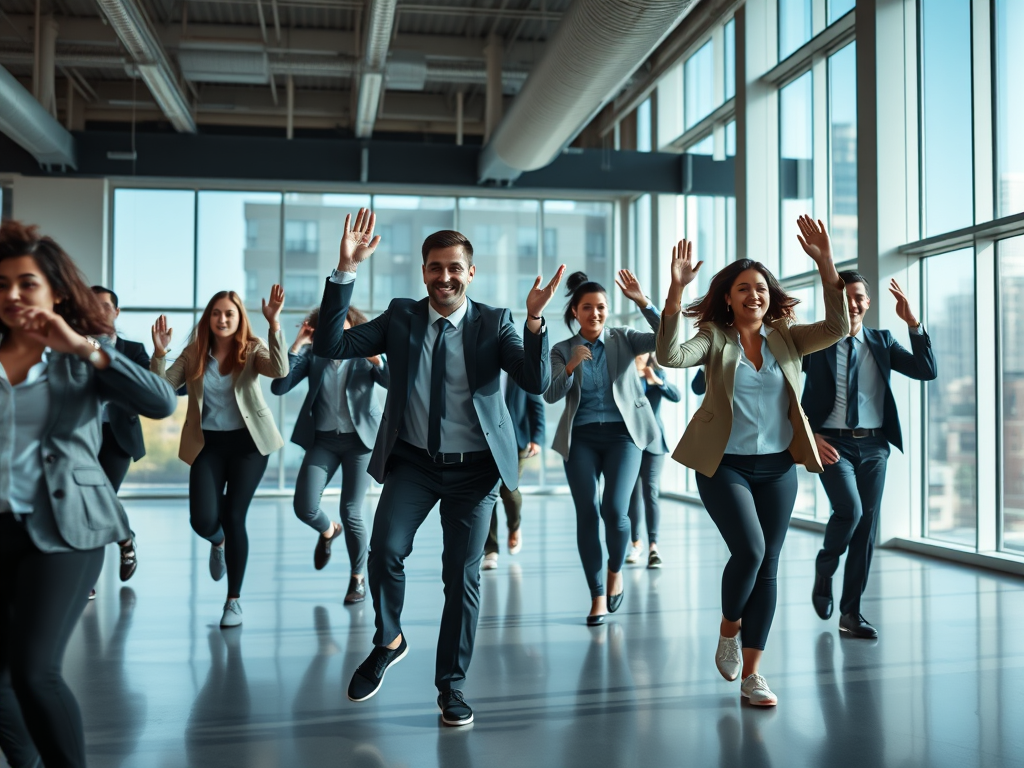 Eine Gruppe Büroangestellte bewegt sich zur Mobilisation synchron durch einen modernen lichtdurchfluteten Raum.