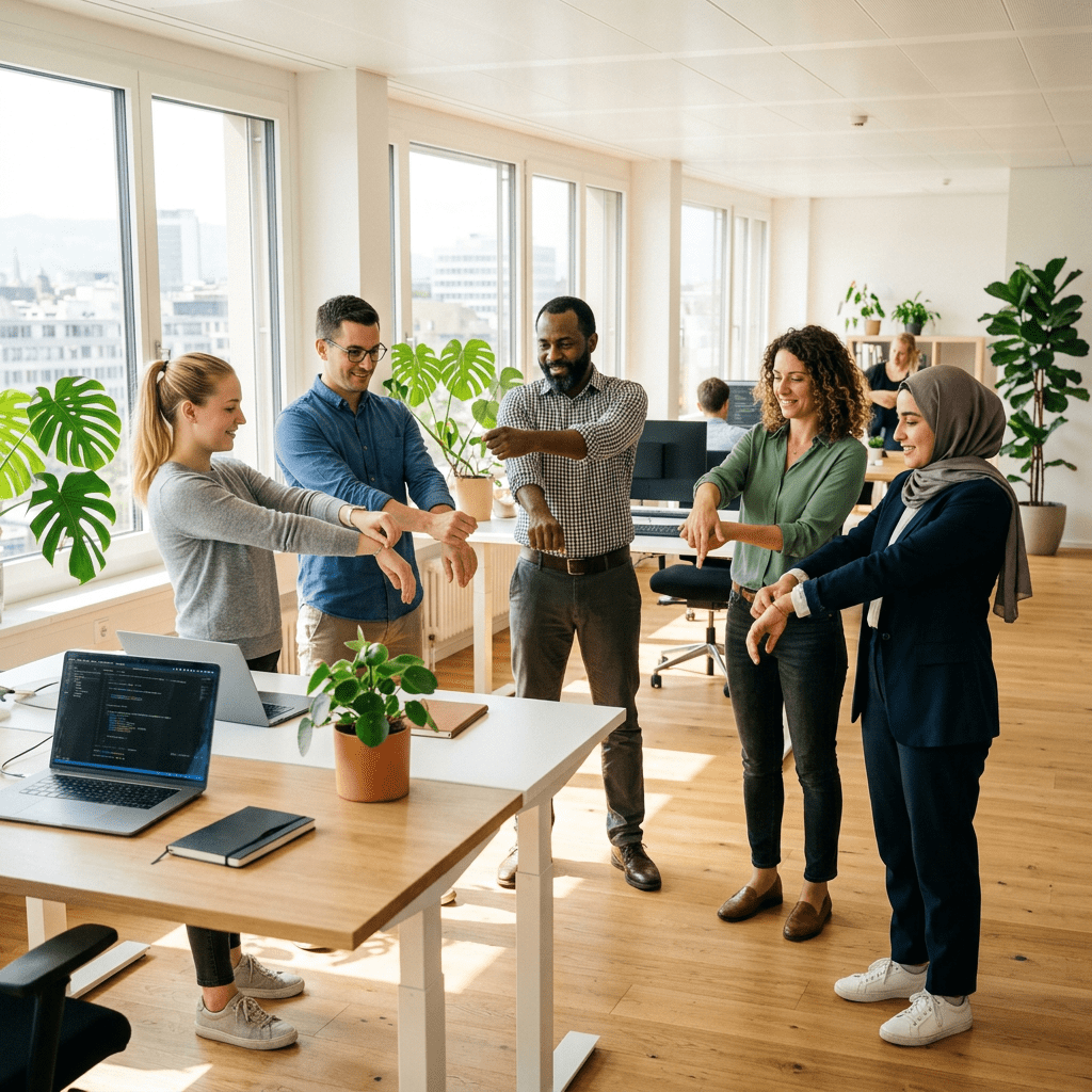 Five coworkers performing a coordinated stretching exercise in a bright office