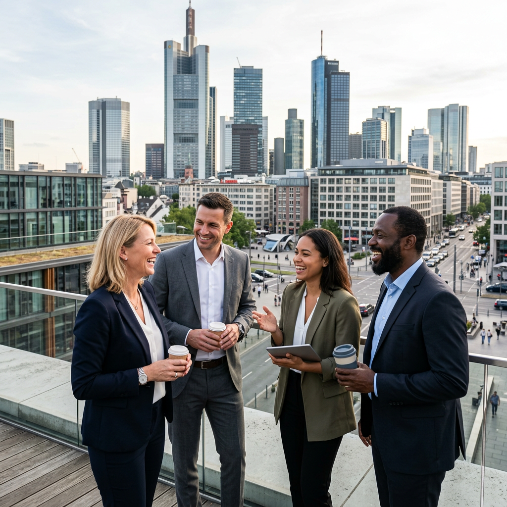 Four business professionals talking on a rooftop overlooking Frankfurt’s skyline