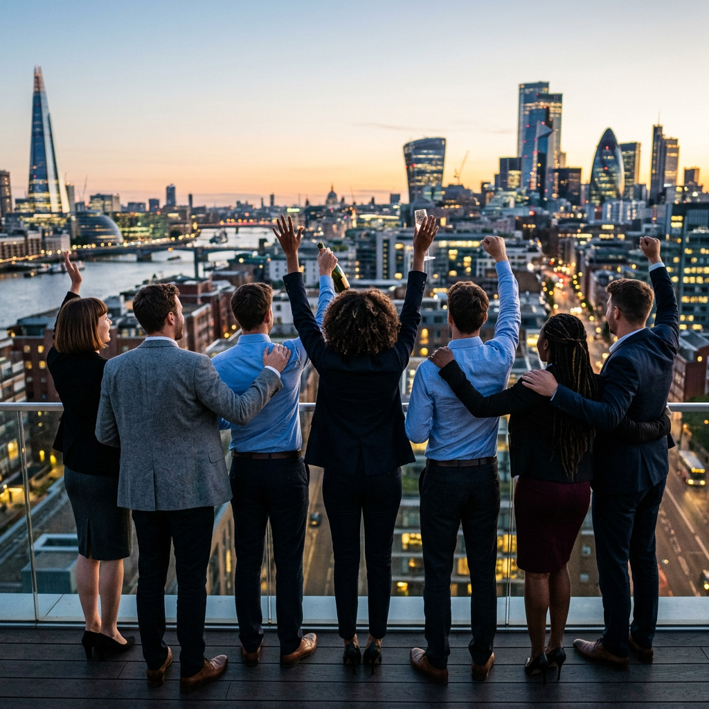 Seven colleagues celebrating on a rooftop overlooking London at sunset